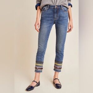 Pilcro Slim Straight Jeans Embroidered Hem Cropped Blue Denim Size 28